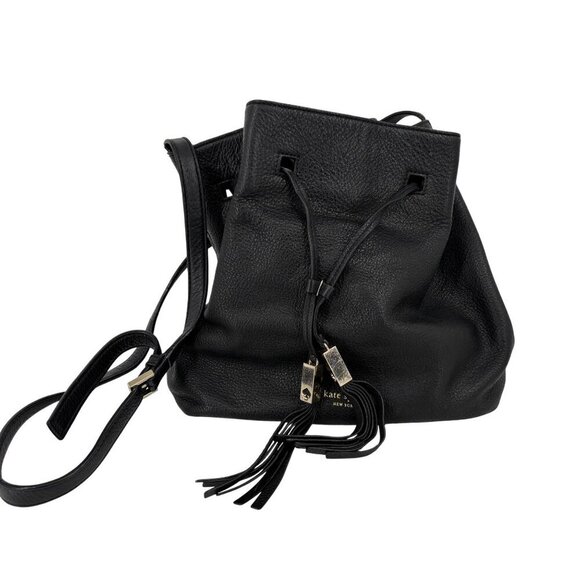 Kate Spade Grey Street Cooper Drawstring Bag Black Leather Gold Tone Crossbody - Picture 1 of 13